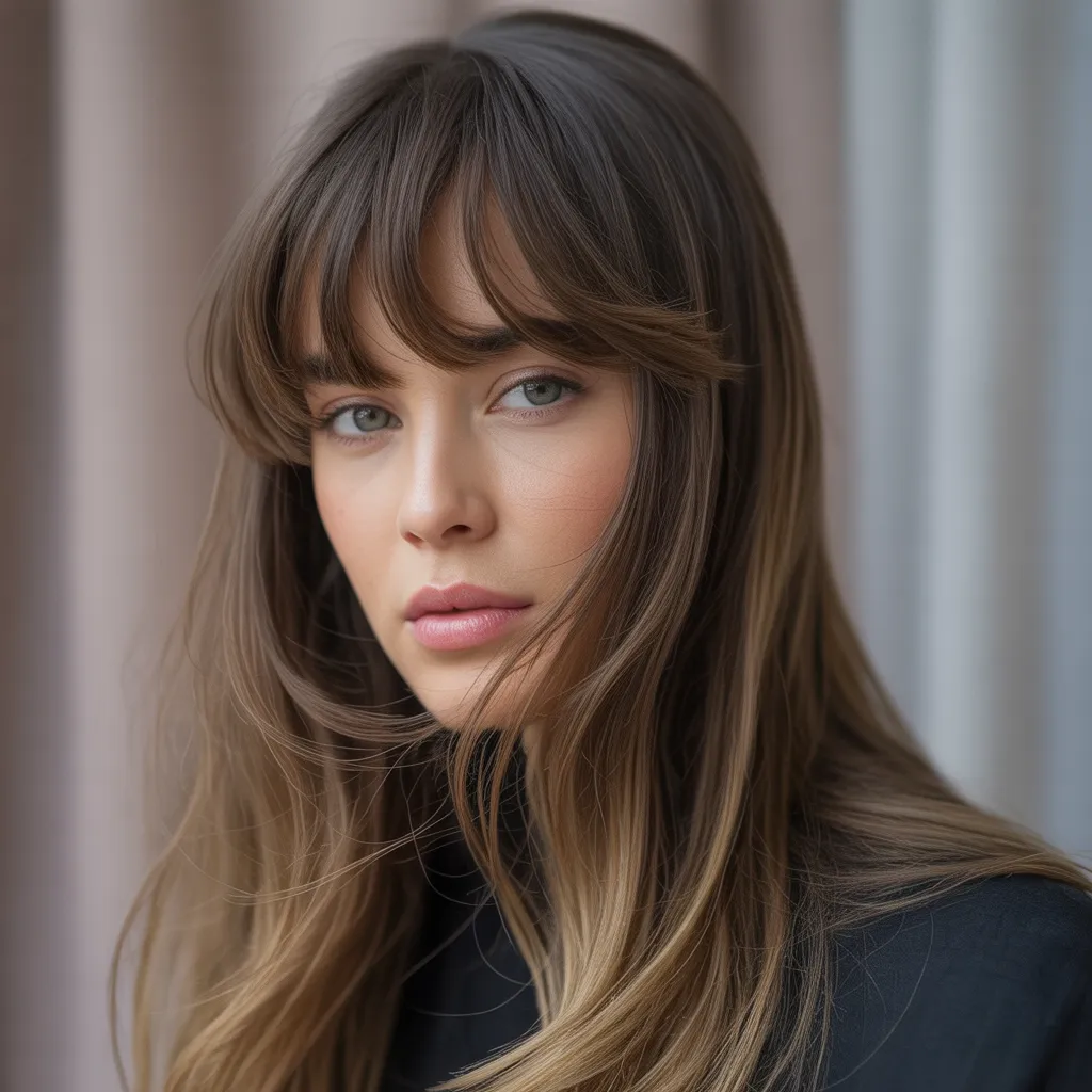 Mujer con corte largo y flequillo recto, mostrando un look audaz y estructurado que resalta los ojos.