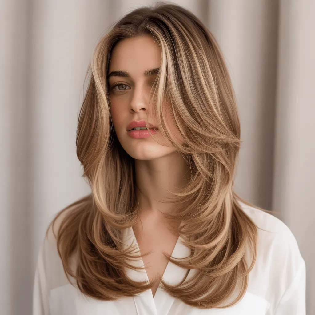 Mujer con corte largo en capas recogido en un moño voluminoso.