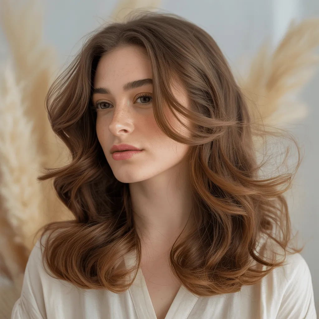Mujer con corte largo y ondas sueltas, mostrando un estilo natural y elegante con volumen y movimiento.