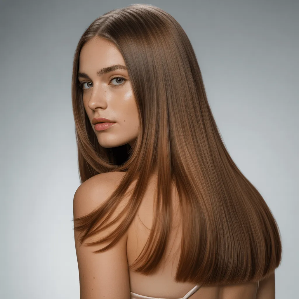 Mujer con corte largo recto, cabello brillante y saludable, creando un look clásico y sofisticado.