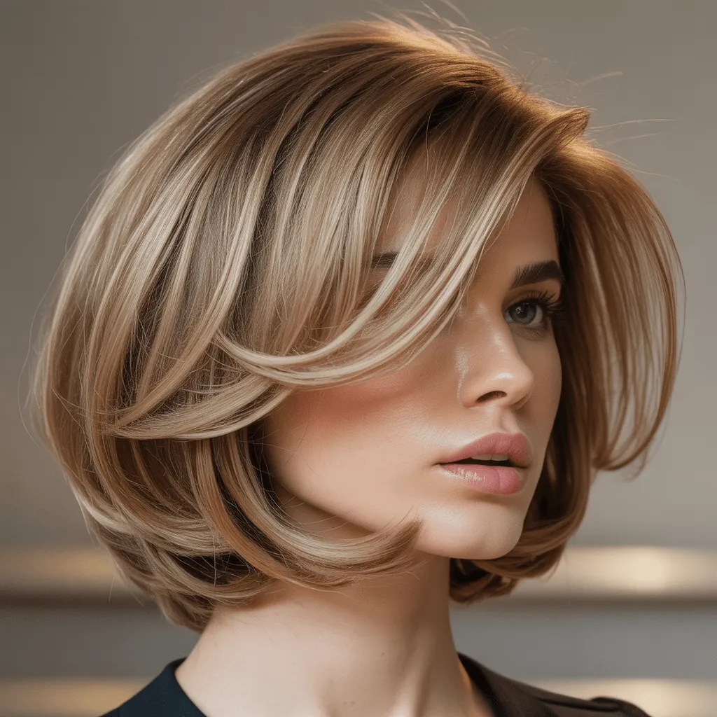 Corte layered bob con capas sutiles que aportan volumen y movimiento natural al cabello.