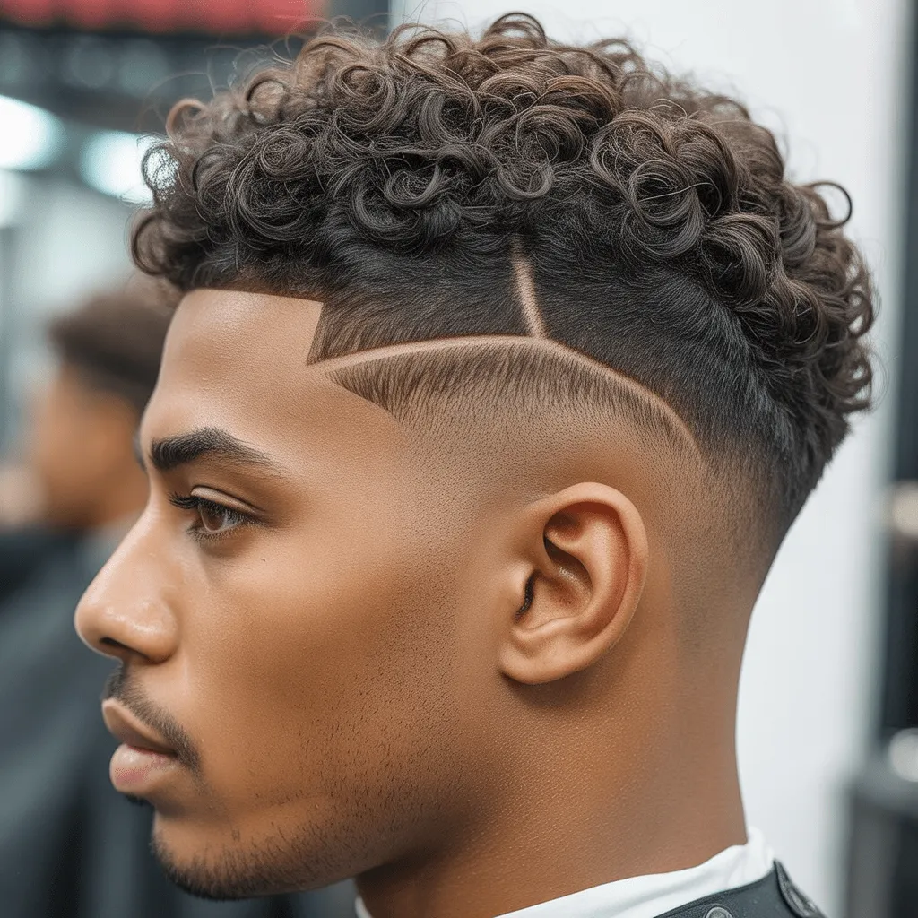 Corte de cabello low drop fade con un estilo moderno y volumen definido en la parte superior para hombres con cabello rizado.