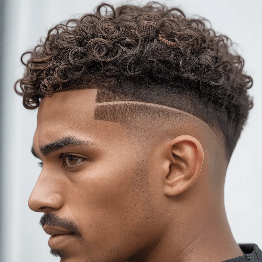 Hombre con corte de cabello low drop fade, con detalles definidos en los rizos y una forma estructurada en la parte superior.