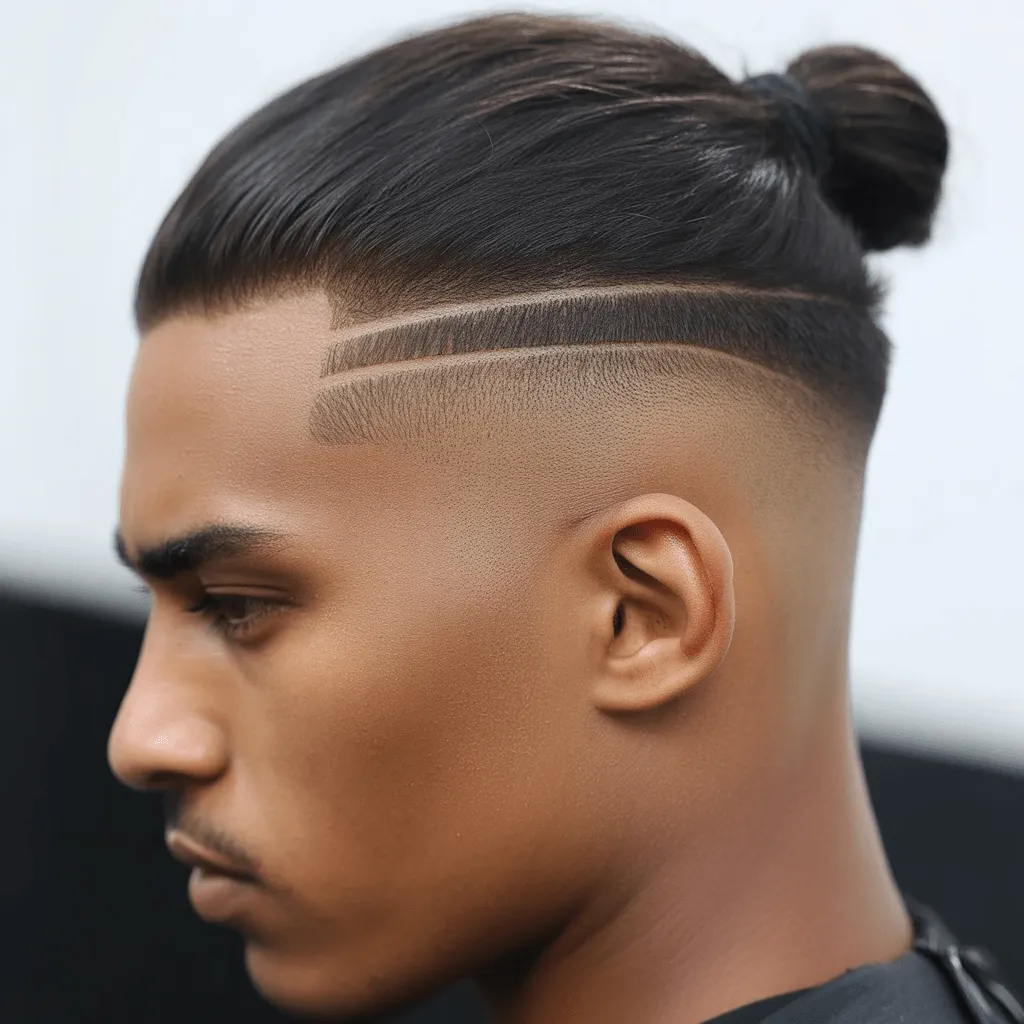 Hombre con corte de cabello low fade y moño masculino, mostrando un estilo pulido con el cabello largo recogido.