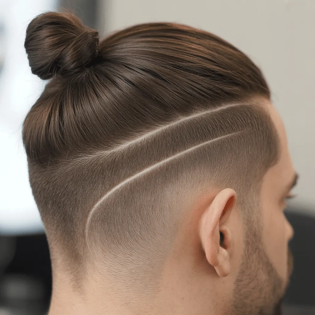 Hombre con corte de cabello low fade man bun, con los lados afeitados y el cabello largo recogido en un moño masculino.