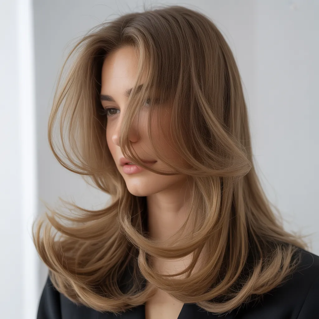 Mujer con corte mariposa 2026, cabello largo con capas ligeras, estilo Pinterest España 2