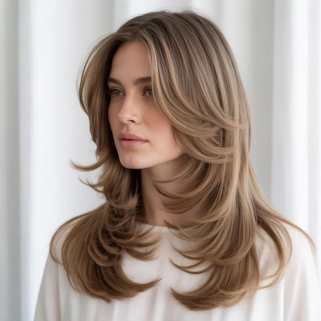 Mujer con corte mariposa 2026, cabello largo con capas ligeras, estilo Pinterest España 4, Cortes de cabello tendencia 2026