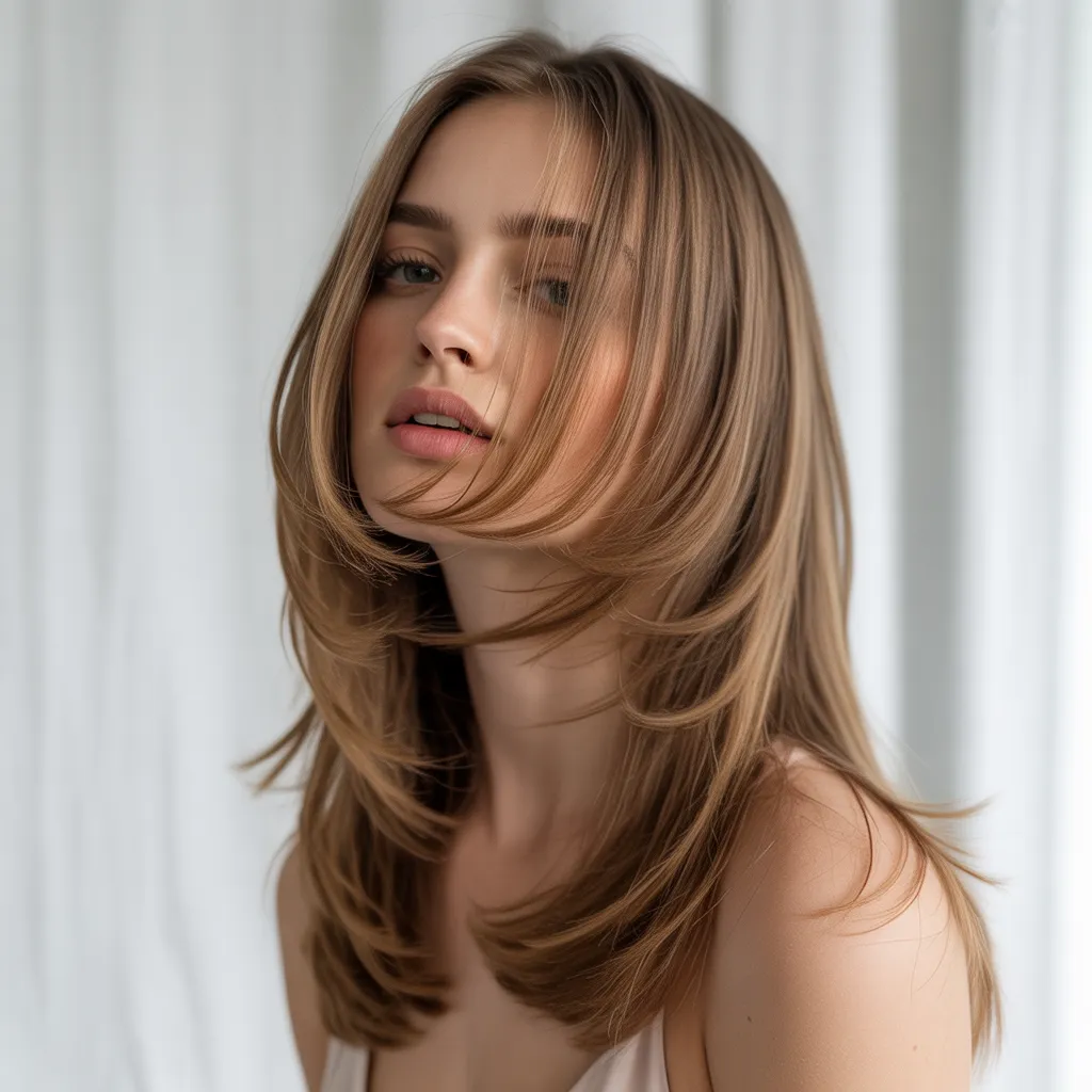 Mujer con corte mariposa 2026, cabello largo con capas ligeras, estilo Pinterest España