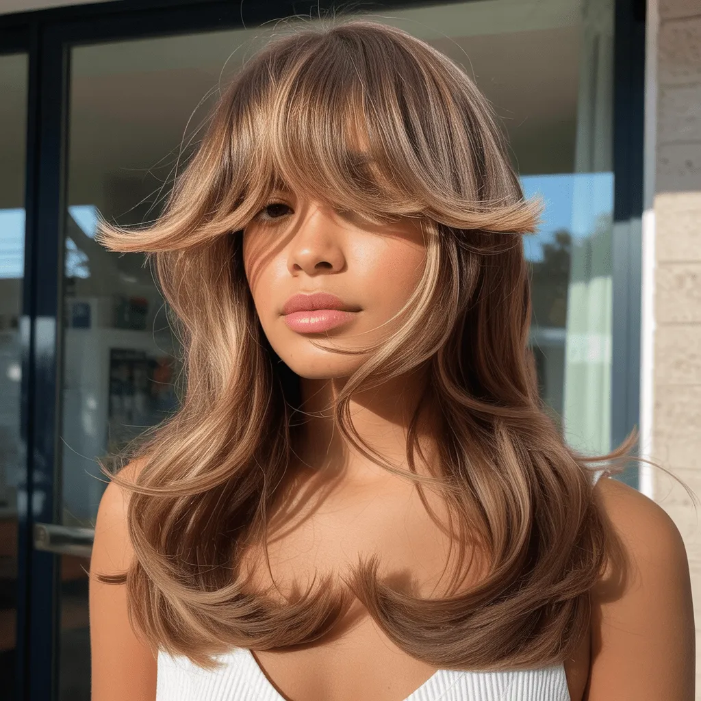 Corte de cabello mariposa con flequillo largo, creando un look moderno y sofisticado con capas definidas.