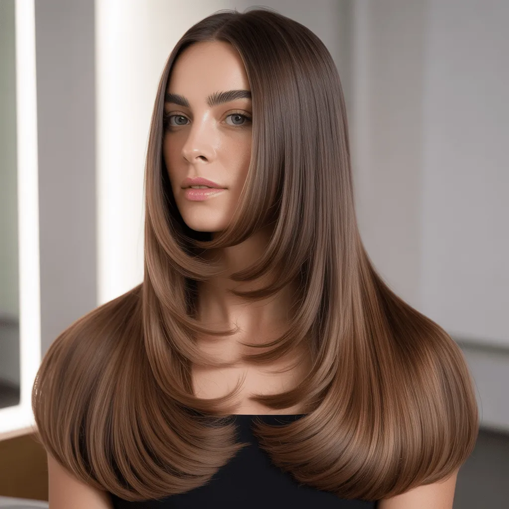 Corte de cabello mariposa para cabello liso y largo, con capas definidas para un estilo clásico y sofisticado. Corte de cabello mariposa para cabello largo