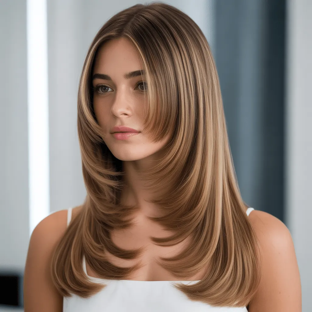 Corte de cabello mariposa para cabello liso, con capas que proporcionan volumen y una apariencia glamorosa.