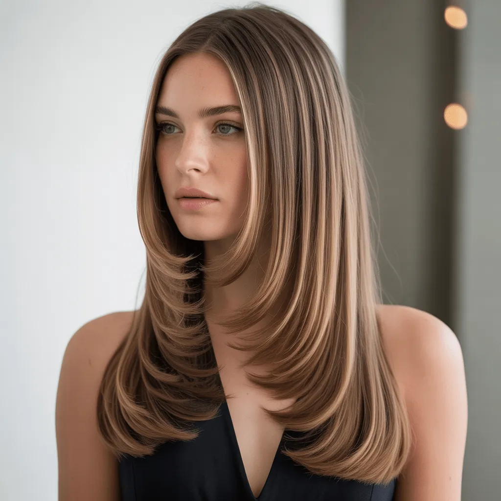 Corte de cabello mariposa para cabello liso, con capas que agregan volumen y estilo pulido a tu look.