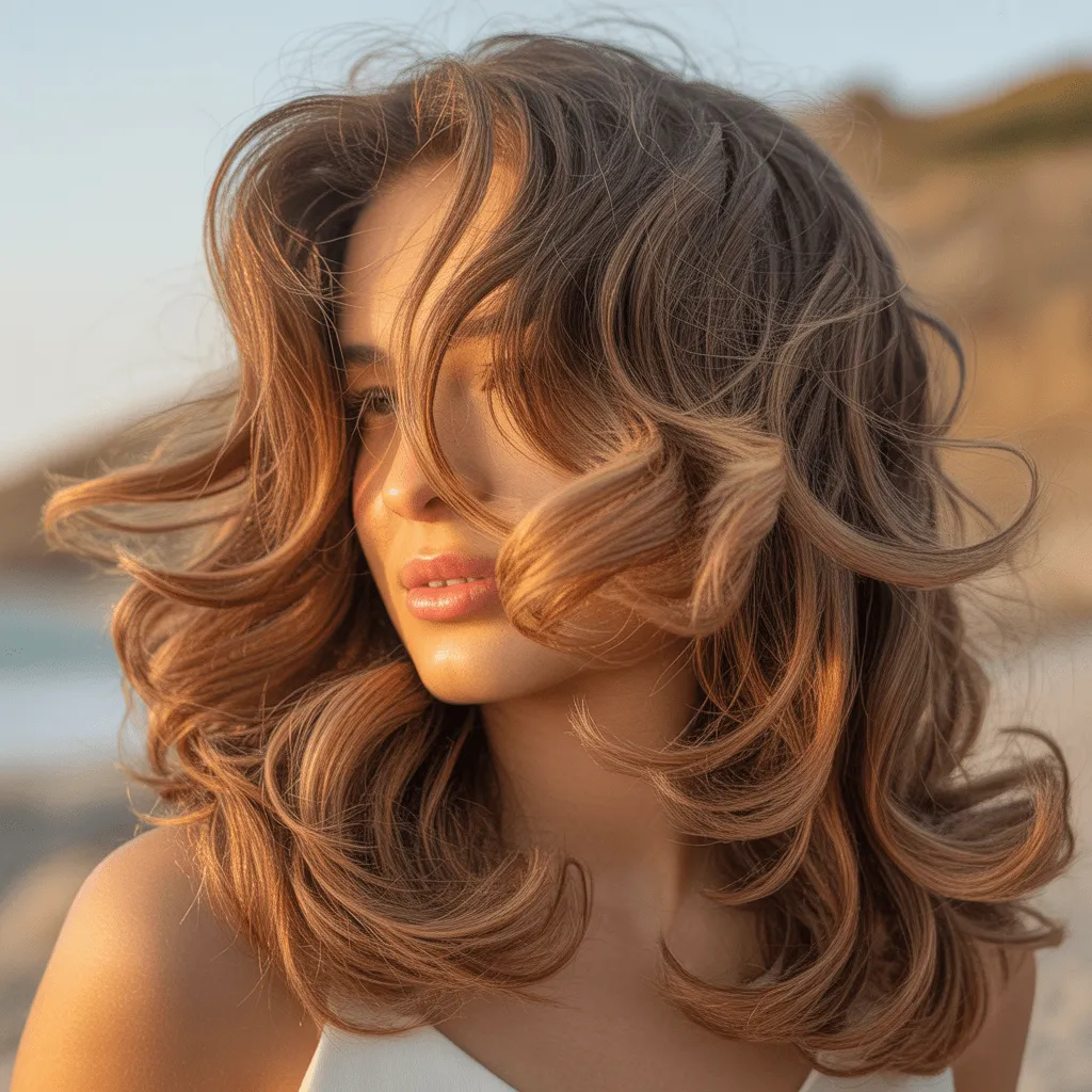 Corte de cabello mariposa para cabello largo y ondulado, con capas que añaden definición a las ondas y volumen natural.