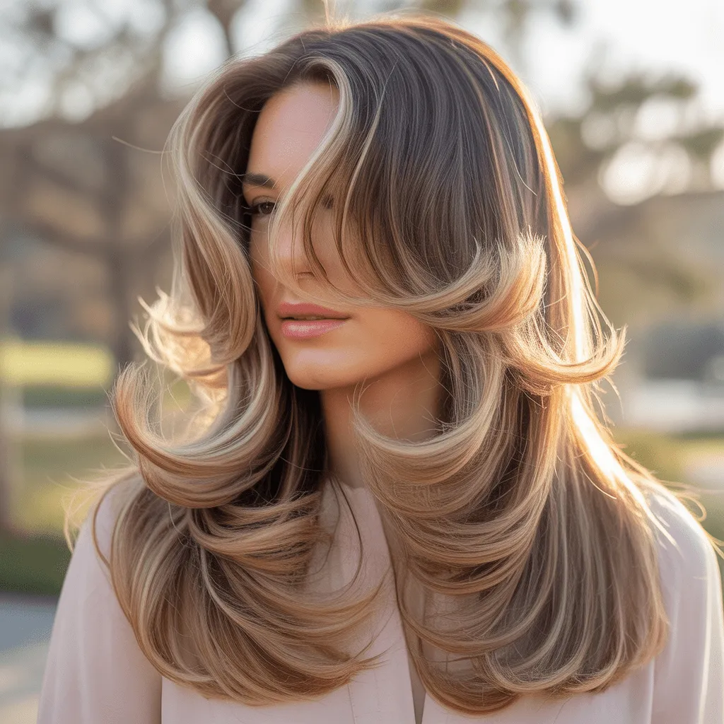 Corte de cabello mariposa con ondas ligeras, capas suaves que dan volumen y un movimiento natural al cabello largo.