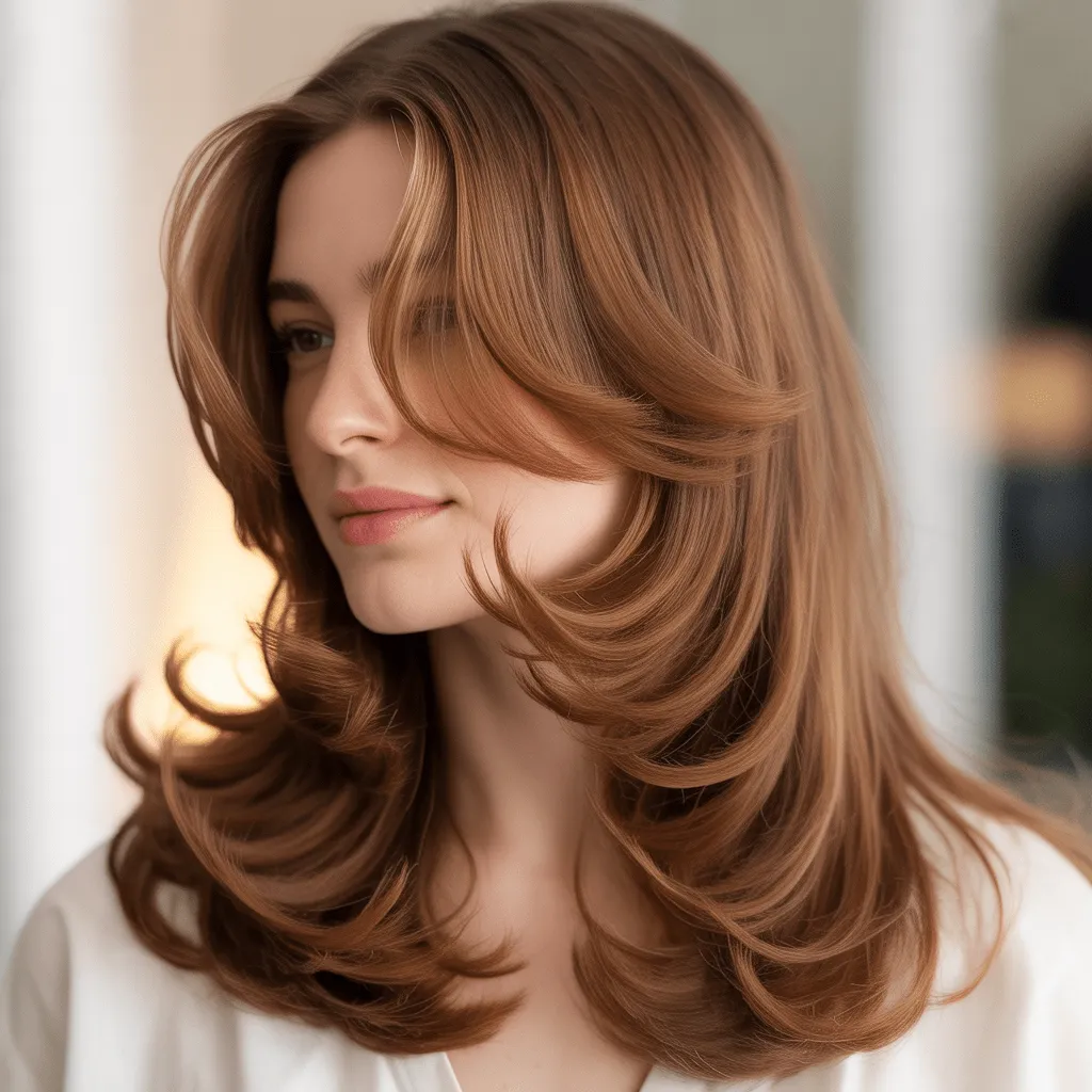 Corte de cabello mariposa con ondas suaves y románticas, con capas que enmarcan el rostro.