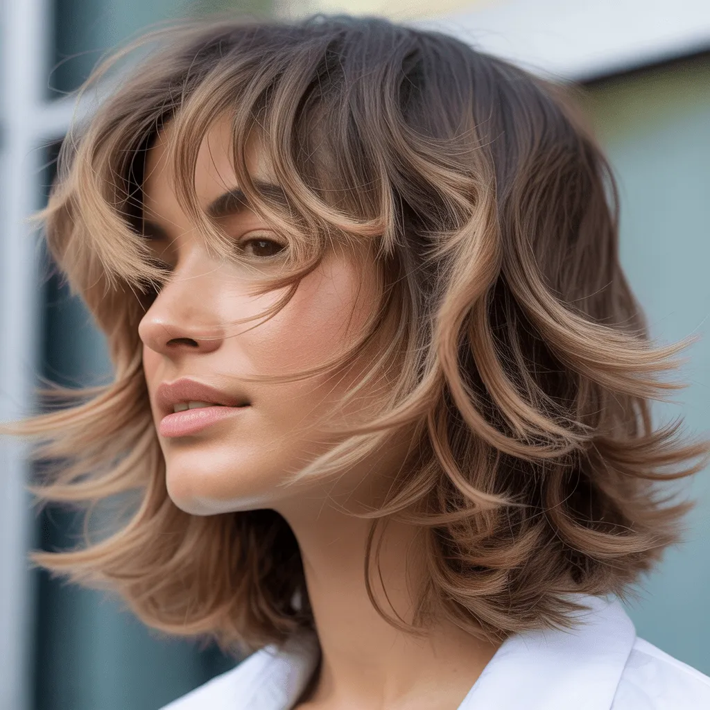 Corte de cabello mariposa con puntas despeinadas, creando un estilo natural, chic y desenfadado.