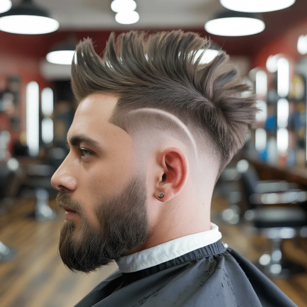 Corte de cabello moderno para hombre con fade y mohawk en una barbería. Cortes de cabello modernos 2