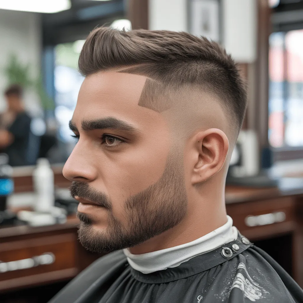 Corte de cabello moderno para hombre con fade y mohawk en una barbería. Cortes de cabello modernos