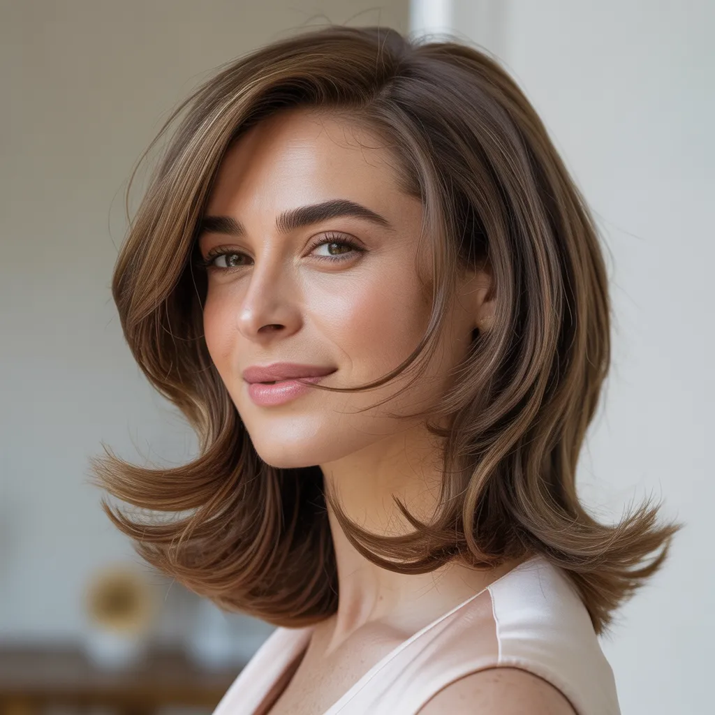 Mujer con flequillo cortina 2026, cabello largo natural, estilo versátil Pinterest España, Cortes de cabello tendencia 2026
