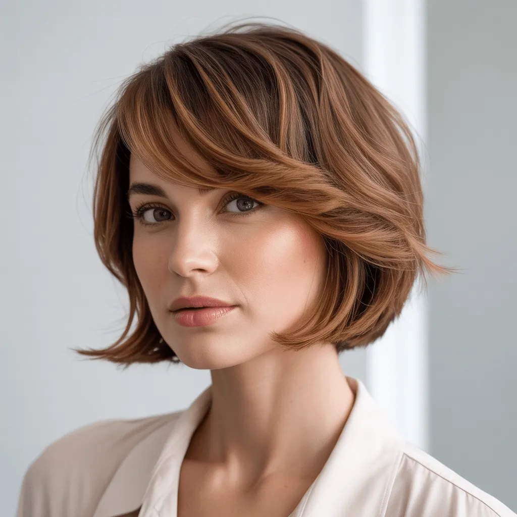 Corte de pelo corto con flequillo lateral que enmarca el rostro suavemente, creando un look elegante y femenino.