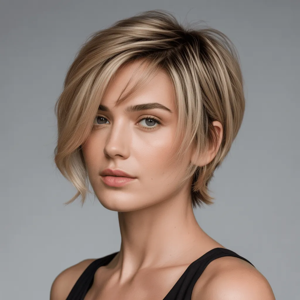 Estilo de corte de pelo corto con flequillo lateral y textura suave que da volumen y estructura al peinado.