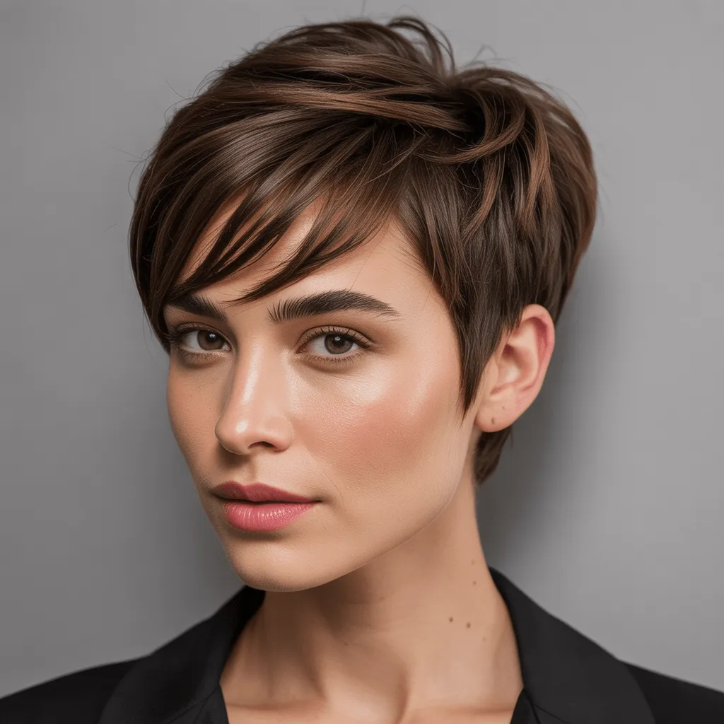 Mujer luciendo un pixie con flequillo largo, dando un look audaz y moderno, con un acabado pulido y brillante. Pixie con Flequillo