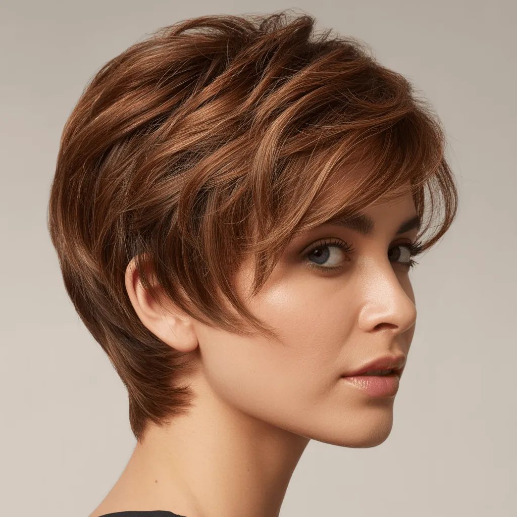 Corte pixie corto para mujer con capas texturizadas y look desenfadado. Cortes de cabello modernos 