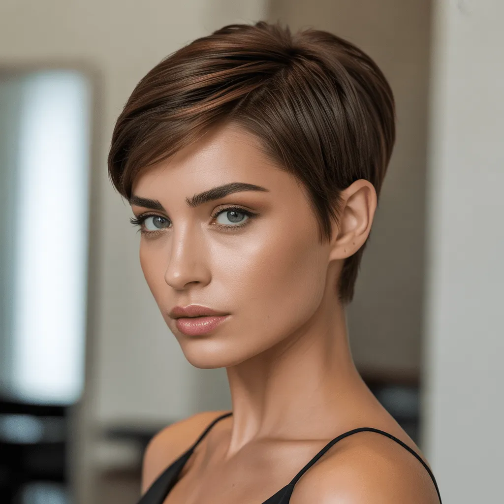 Pixie cut elegante con volumen, textura suave y highlights, modelo confiada en fondo neutro Corte Pixie