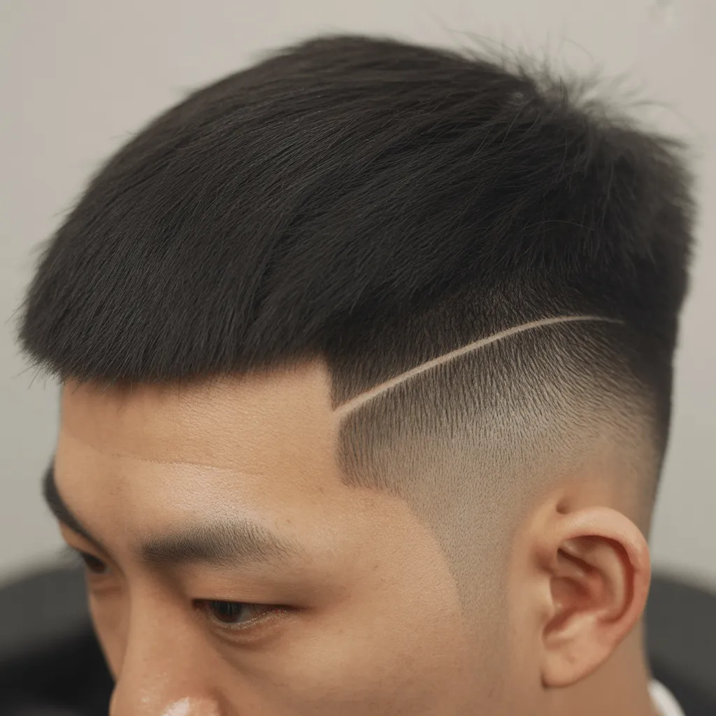 Corte de cabello taper low fade estilo asiático, ideal para hombres con cabello lacio y grueso que buscan un look limpio y estilizado.