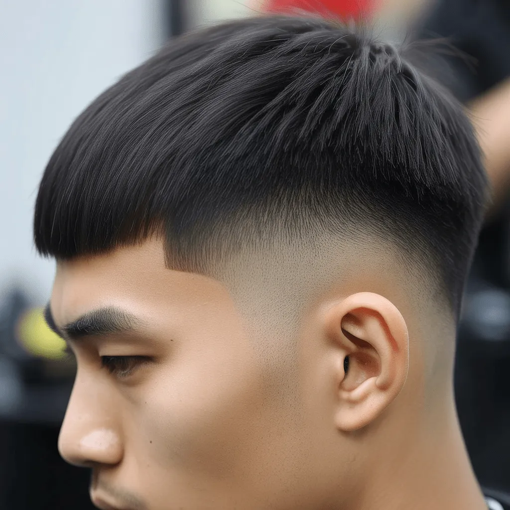 Corte de cabello taper low fade estilo asiático, con cabello lacio y grueso, mostrando un desvanecimiento limpio. Cortes de cabello low fade