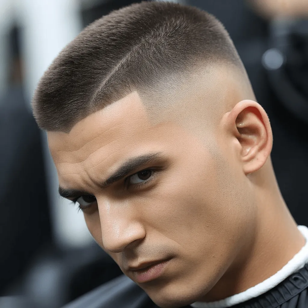 Corte alto y ajustado para policía, con lados muy cortos y una parte superior ligeramente más larga, mostrando un estilo militar disciplinado.