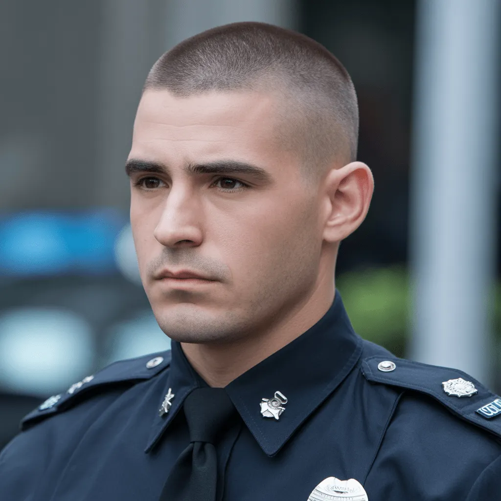 Corte buzz clásico para oficiales de policía, fácil de mantener y con presencia autoritaria.