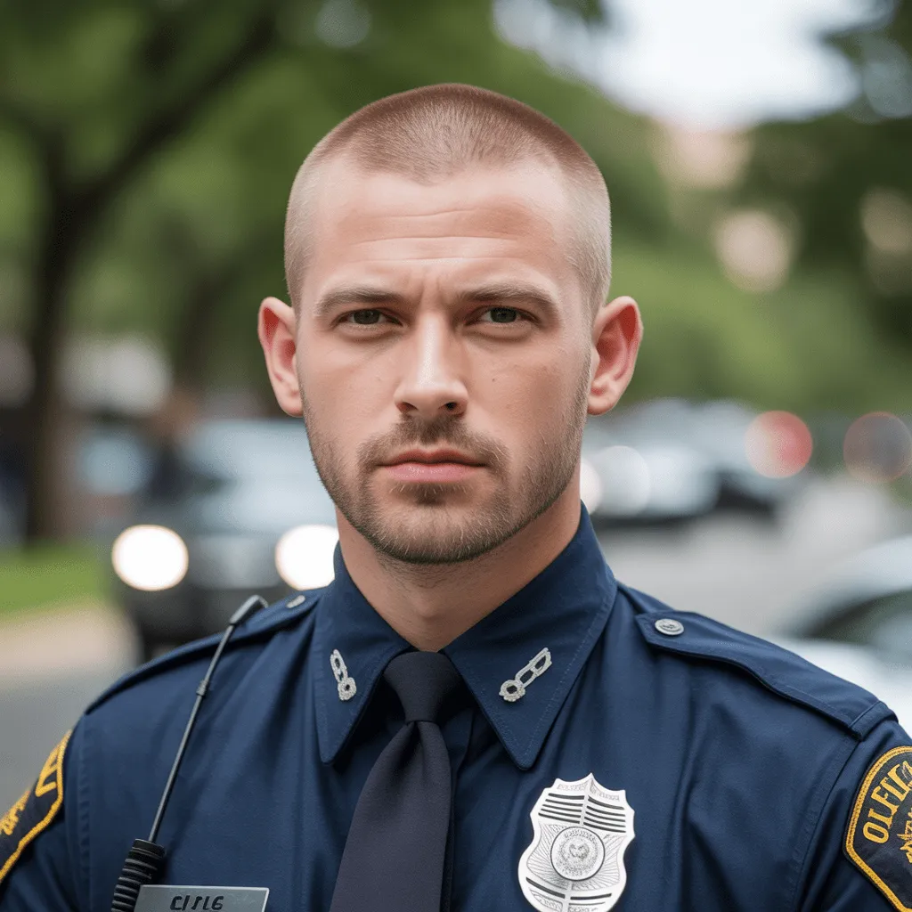 Corte de cabello buzz para policía, limpio y sencillo, ideal para transmitir fuerza y control.