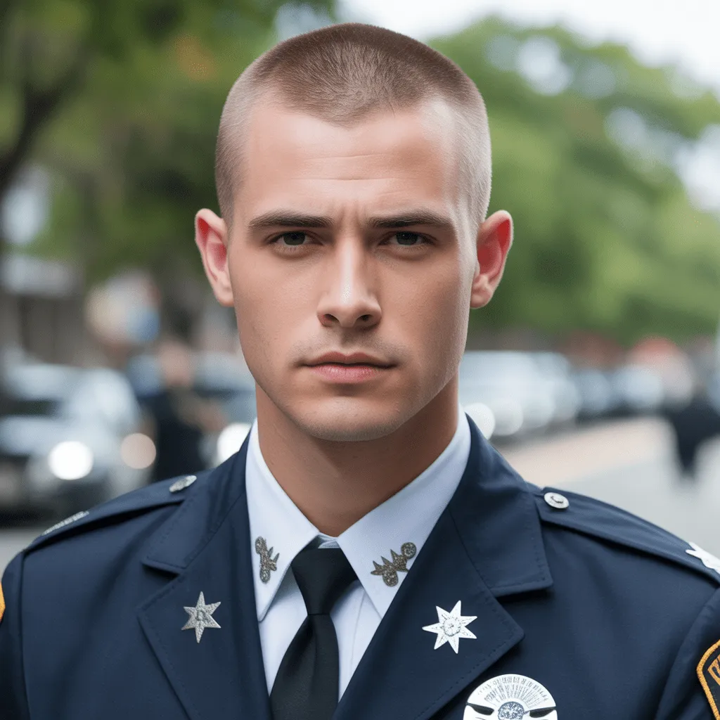 Corte de cabello buzz clásico para policía, estilo fuerte y limpio que refleja disciplina y autoridad.