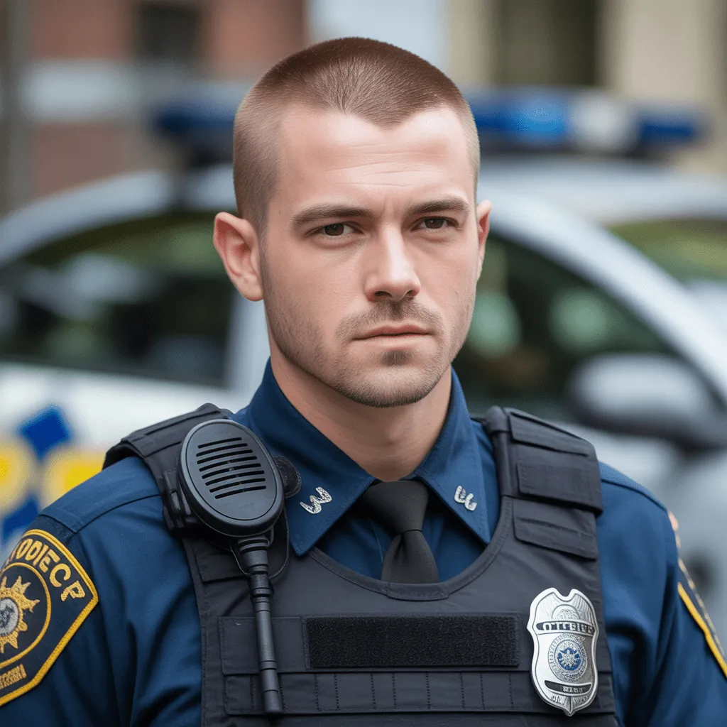 Estilo de corte buzz clásico, simple y disciplinado para oficiales de policía, perfecto para una apariencia fuerte y profesional.