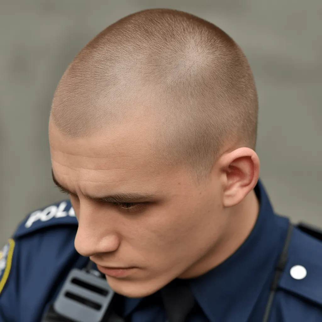 Estilo de corte de inducción, afeitado muy corto para oficiales de policía, ideal para aquellos que buscan un look sin complicaciones.
