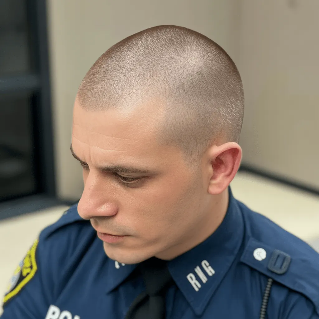 Corte de inducción para oficiales de policía, afeitado al cuero cabelludo, práctico y de bajo mantenimiento para nuevos reclutas.