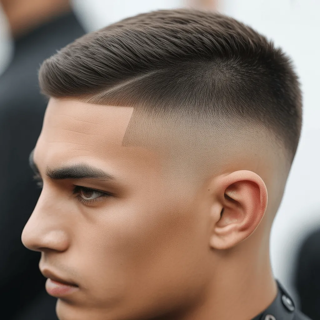 Corte militar para oficial de policía, estilo estructurado con una parte superior más larga y lados desvanecidos para una imagen profesional.