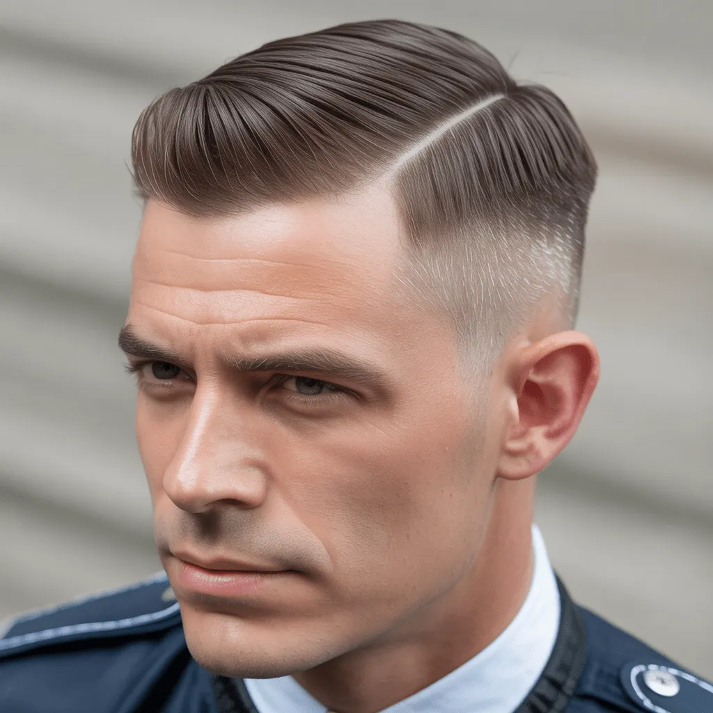 Corte reglamentario para policía, estilo autoritario con un corte pulido y disciplinado para los oficiales.