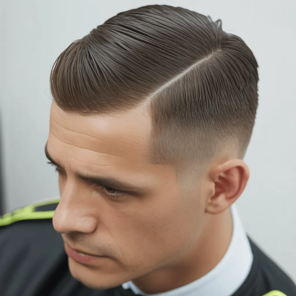 Corte reglamentario de policía con lados cortos y parte superior más larga, peinada para un look disciplinado y autoritario.