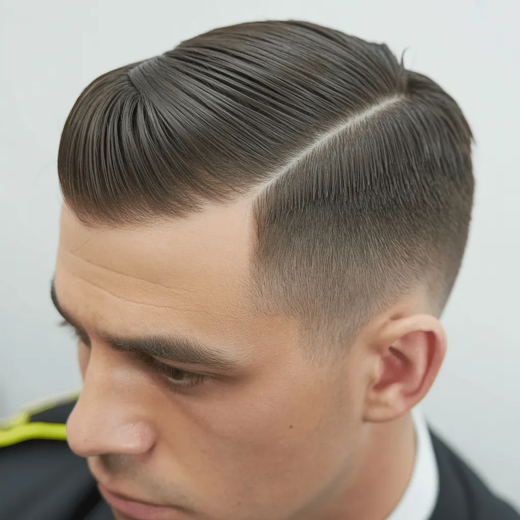 Corte reglamentario clásico para policía, con lados cortos y parte superior más larga, para una imagen de autoridad.