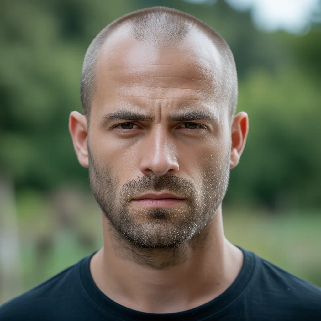 Cortes de cabello para hombres con entradas con cabeza rapada, look masculino seguro que resalta el rostro y la barba 2