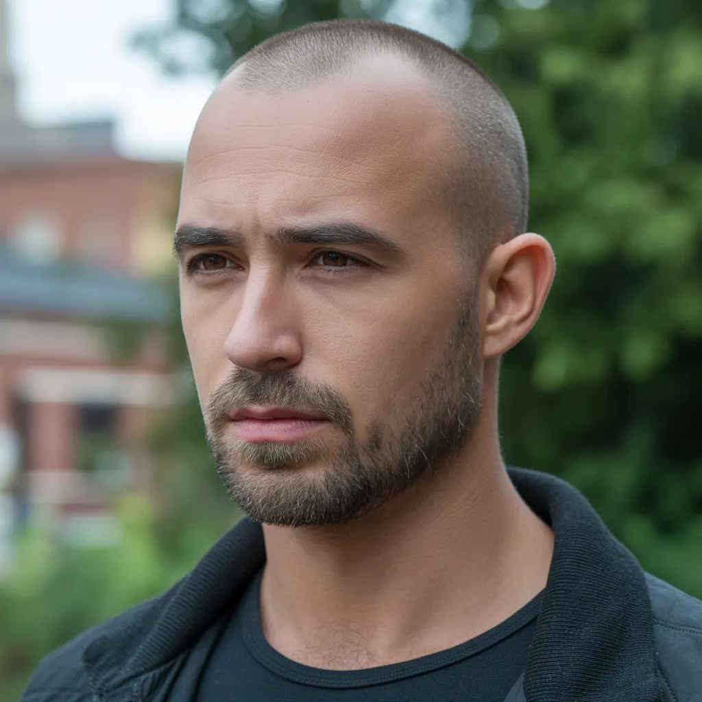 Cortes de cabello para hombres con entradas con cabeza rapada, look masculino seguro que resalta el rostro y la barba 3, Cortes de cabello para hombres con entradas