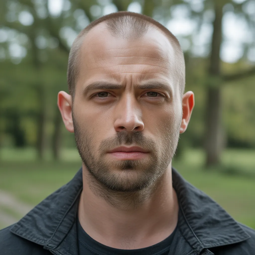 Cortes de cabello para hombres con entradas con cabeza rapada, look masculino seguro que resalta el rostro y la barba