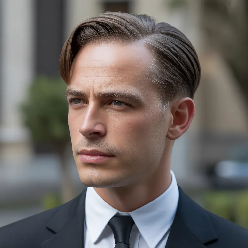 Cortes de cabello para hombres con entradas con corte clásico y raya suave, estilo elegante y atemporal para hombres