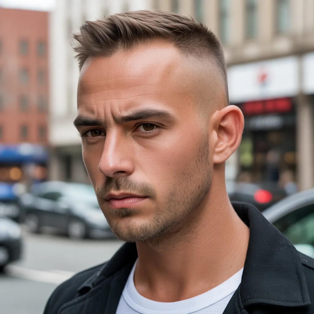 Cortes de cabello para hombres con entradas con crew cut, corte clásico masculino con laterales cortos y parte superior equilibrada 4