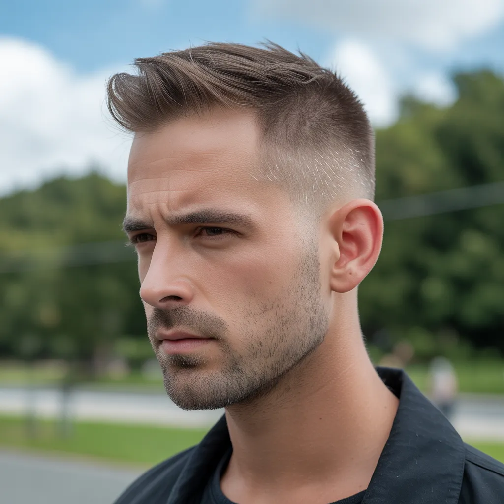 Cortes de cabello para hombres con entradas con crew cut, corte clásico masculino con laterales cortos y parte superior equilibrada 2