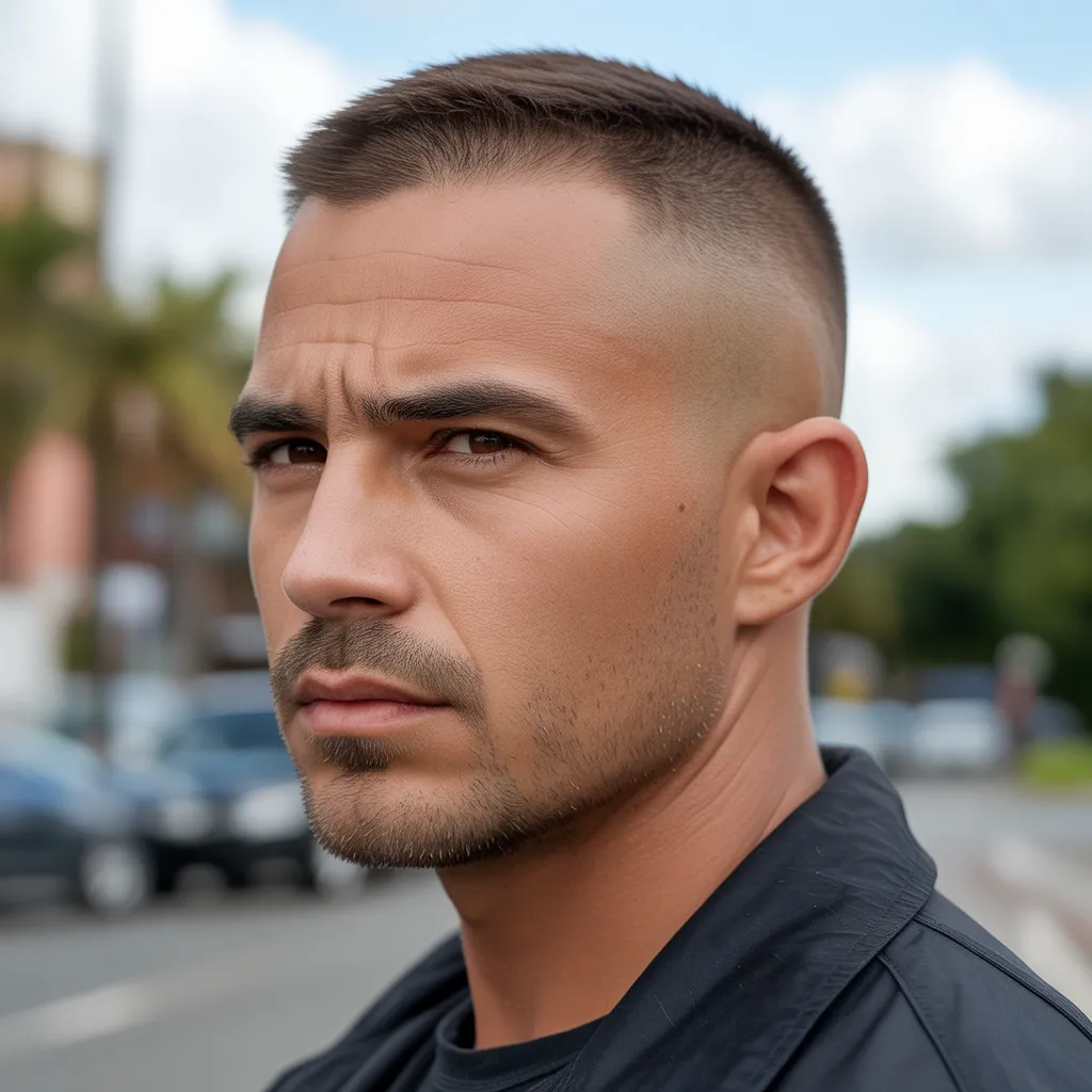 Cortes de cabello para hombres con entradas con crew cut, corte clásico masculino con laterales cortos y parte superior equilibrada 3