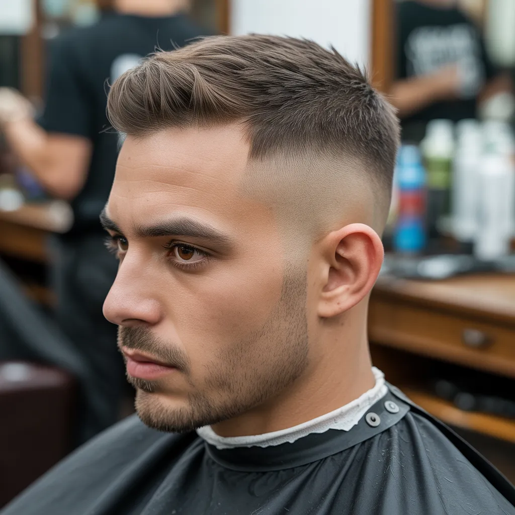 Cortes de cabello para hombres con entradas con crew cut, corte clásico masculino con laterales cortos y parte superior equilibrada 3