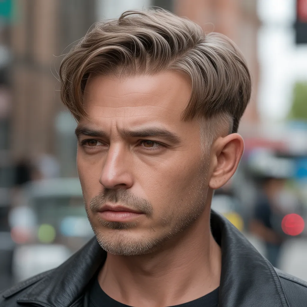 Cortes de cabello para hombres con entradas con peinado hacia adelante, estilo texturizado que aporta densidad visual en la zona frontal 3